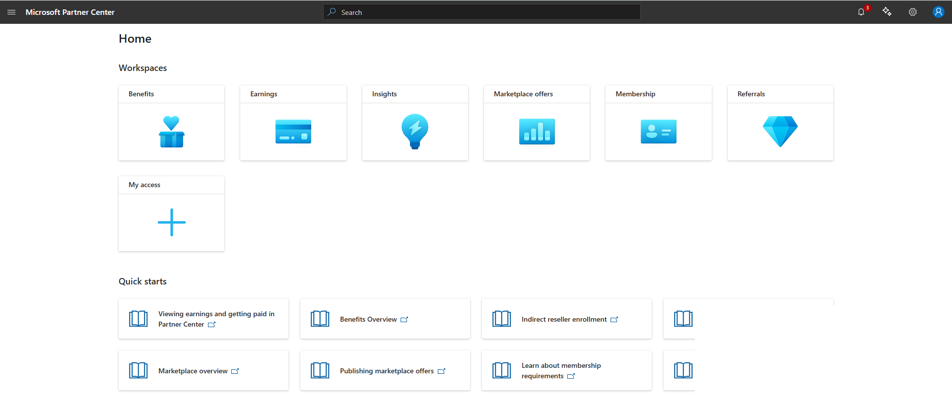 Partner Center Home showing the Marketplace offers workspace tile
