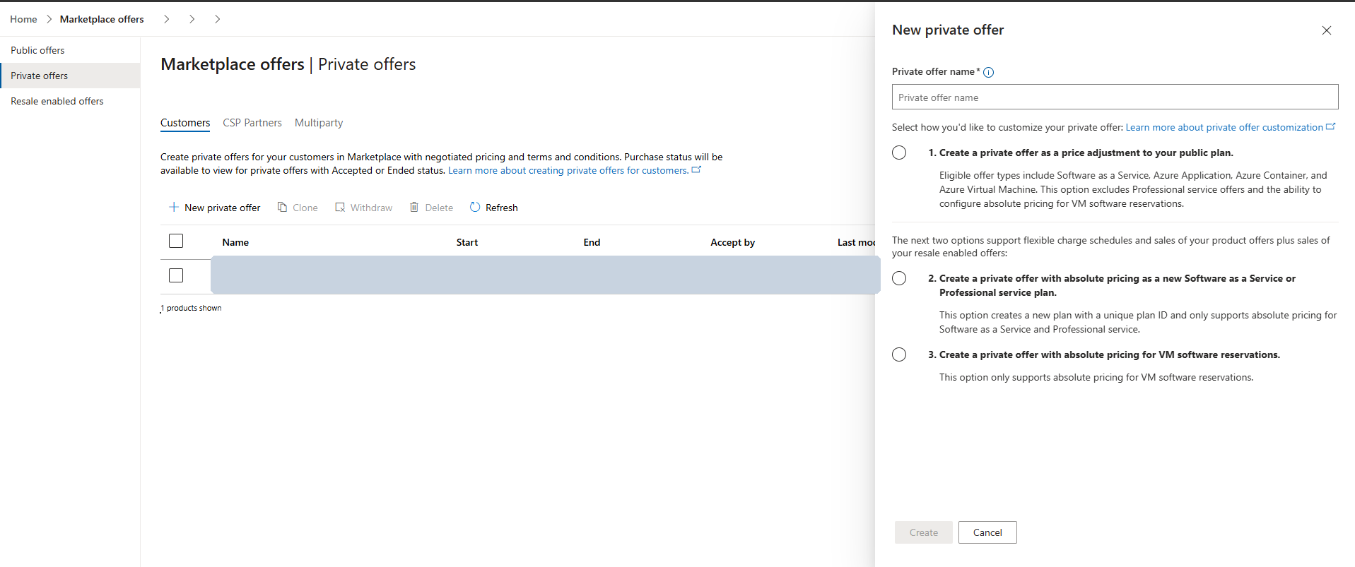 Private offers Customers tab with New private offer drawer open