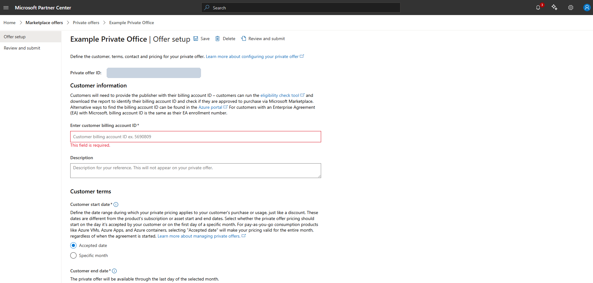 Offer setup Customer information with billing account ID field required