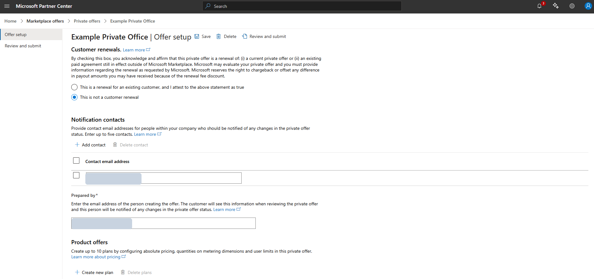 Customer renewals set to not a renewal, notification contacts, and prepared by