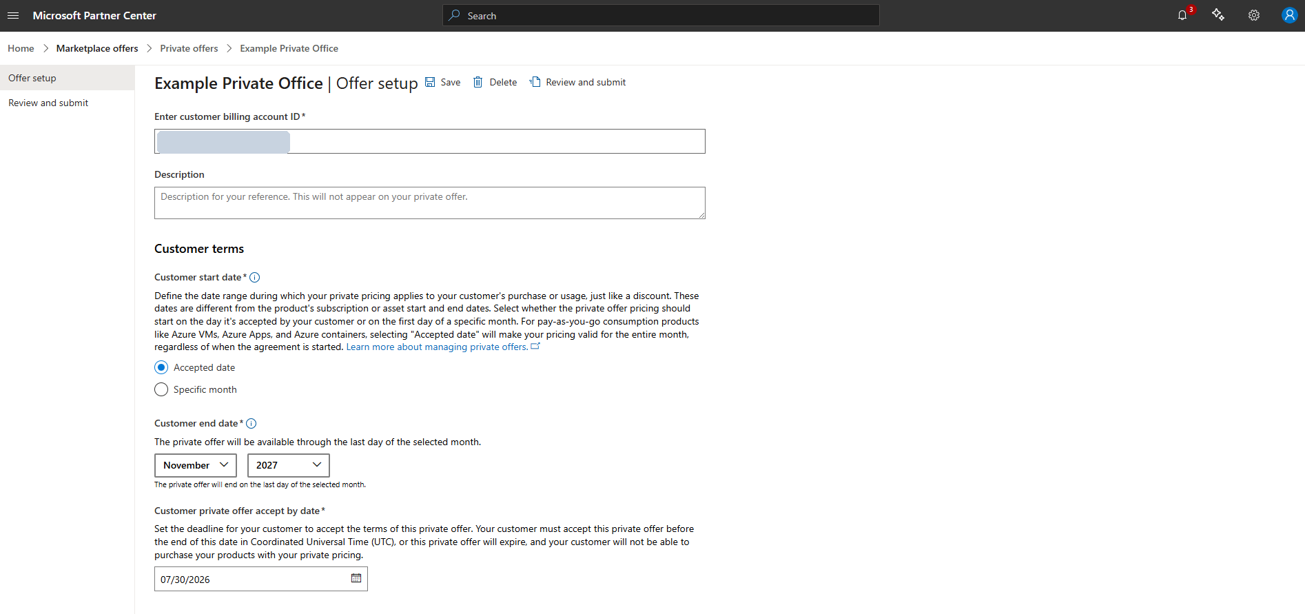 Filled offer setup showing Accepted date, end month, and accept-by date