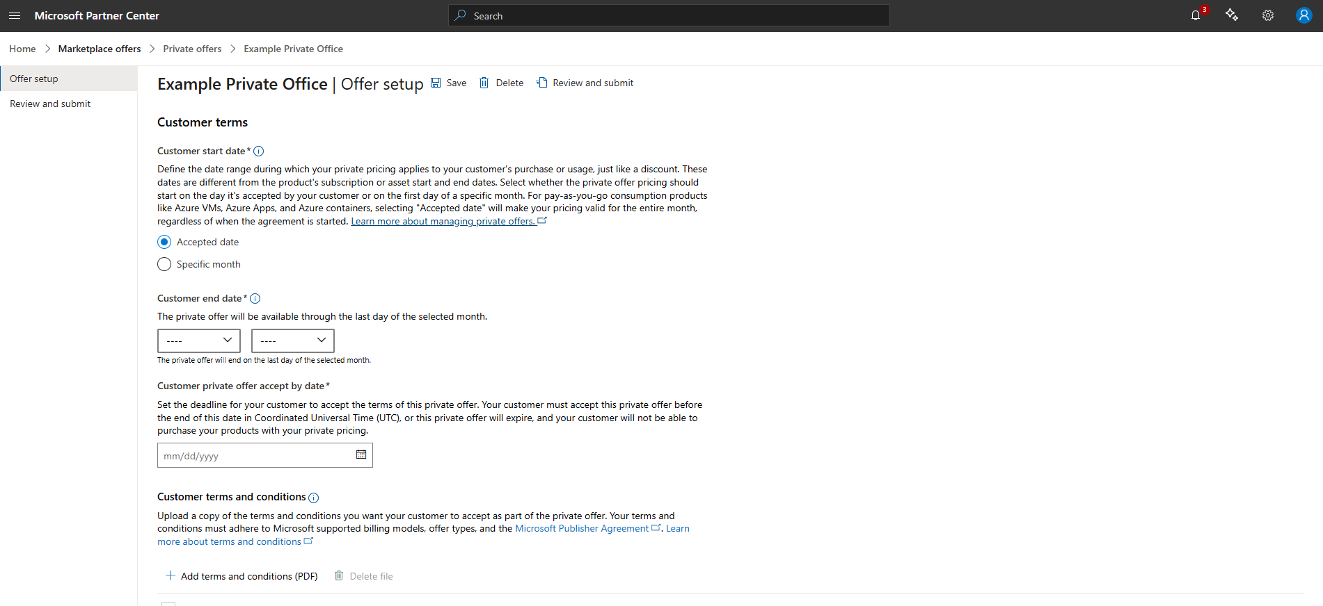 Customer terms including start date, end date, and accept-by date