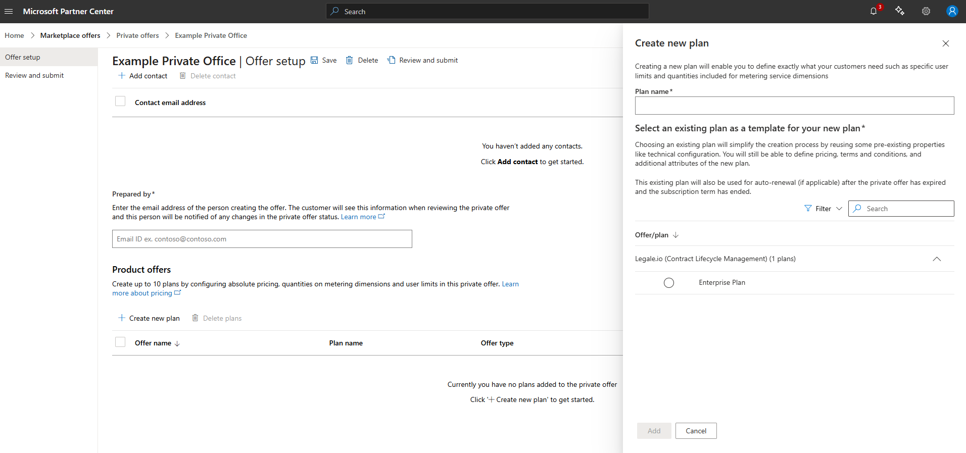 Create new plan drawer showing Legale.io Enterprise Plan template