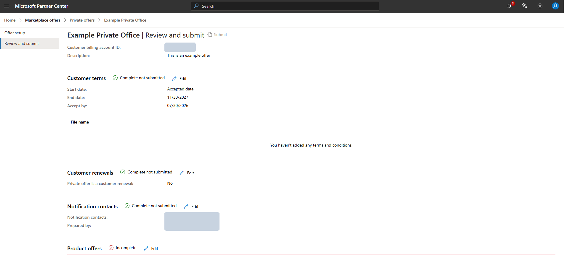 Review and submit page with section completion statuses